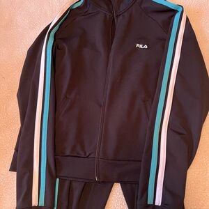 FILA Black Track Jacket with Aqua & White Sleeve Stripes